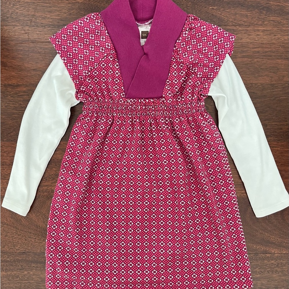 Tea Collection Girls Pink And White Collared Long Sleeve Dress Size 3T/3 Years